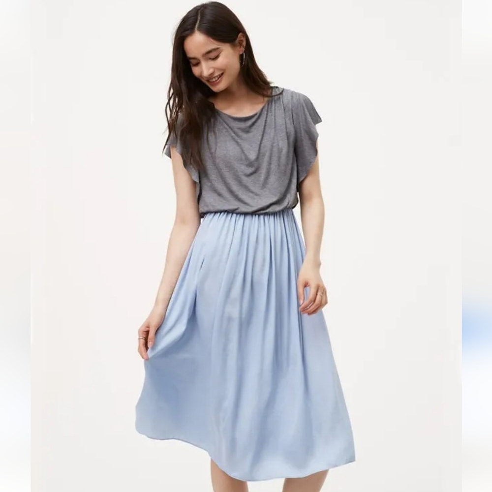 Ann Taylor LOFT | Gray & Light Blue Satin Skirt Blouson Midi Dress, Size XS